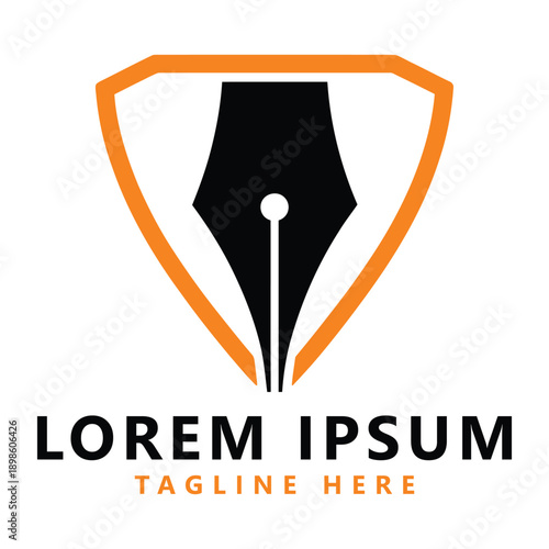 Shield logo with pen nib and orange border design element for branding purposes icon