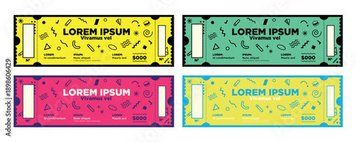Modern Ticket Design Template Vector Set for event, festival, pass, cinema, theater, voucher, invite, museum or concert. Font not included.