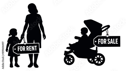 Silhouette family economic illustration set featuring a mother and child with a for rent sign and a baby in a stroller with a for sale sign for social issues