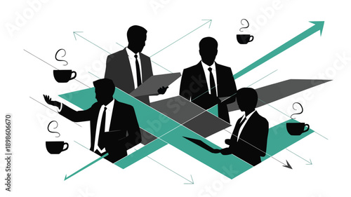 Business team discussing strategies with upward trend arrows and coffee cups