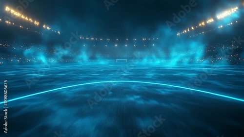 Epic futuristic sports background for football match stories. Cinematic neon soccer stadium with blue glow and smoke for gaming and event intros.