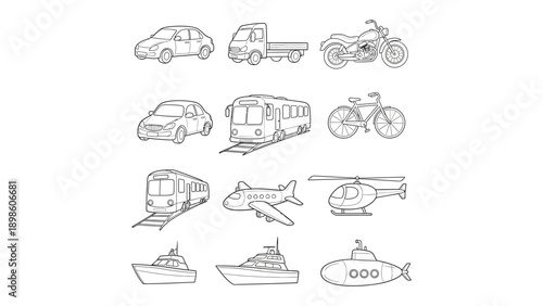 Transportation Illustration: A collection of various modes of transportation, meticulously illustrated, perfect for educational and design purposes. 
