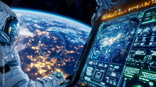 Astronaut in space suit operating advanced digital control panel while Earth is visible through spacecraft window, illustrating space exploration, technology innovation and future science mission
