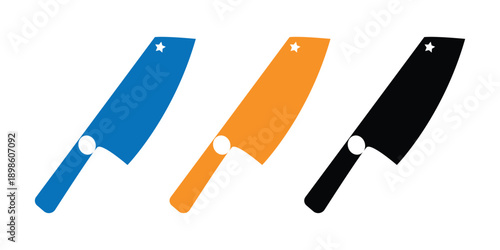 Three colorful meat cleaver knife icons. set of colorful knives isolated