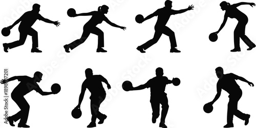Bowling player silhouette set showing athletes throwing bowling balls in dynamic action poses isolated on white background vector illustration
