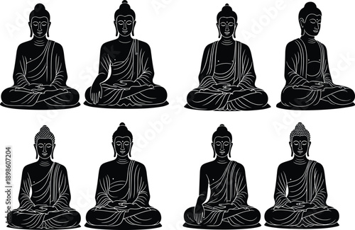 Buddha statue silhouette set featuring seated meditation poses representing Buddhism spirituality and mindfulness isolated on white background vector illustration
