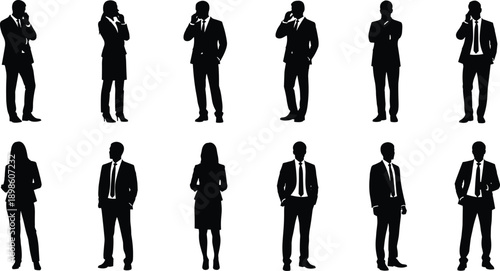 Business people silhouette set featuring professional men and women in formal suits standing and posing isolated on white background vector illustration