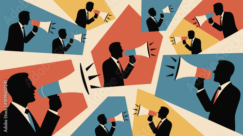 Businessmen in suits using megaphones in colorful dynamic illustration