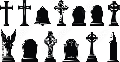 Cemetery religious symbol silhouette set featuring crosses tombstones bells and angel statues isolated on white background vector illustration collection