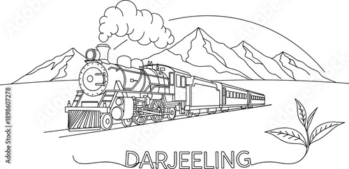 Darjeeling Himalayan steam train line art illustration featuring vintage railway engine traveling through mountains isolated on white background vector design