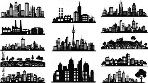 City skyline silhouette collection featuring urban skylines factories suburbs and downtown architecture scenes isolated on white background vector illustration set