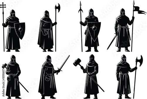 Medieval knight silhouette set with armored warriors holding swords shields axes and spears isolated on white background vector illustration