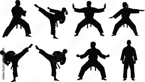 Martial arts silhouette set featuring karate and taekwondo fighters performing kicks stances and poses isolated on white background vector illustration