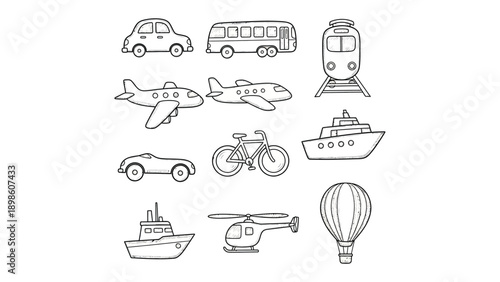 Transportation Array: A collection of various transportation vehicles in a simple illustration, perfect for projects related to travel and movement.