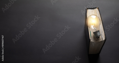 Light bulb and book on the black background.