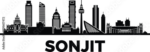 Modern city skyline silhouette with skyscrapers towers and urban landmarks featuring bold typography isolated on white background vector illustration