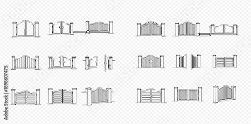 Set of hand-drawn sketches of various garden and house gates with pillars in different styles and positions.