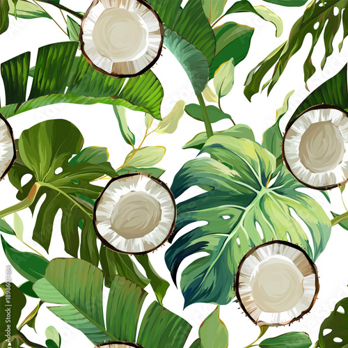 Seamless tropical pattern with flowers, plants. Paradise background, Hawaiian pattern.