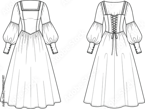 Women vintage long dress technical fashion illustration with front and back views, corset lace bodice and puff sleeves, elegant flat sketch for apparel design
