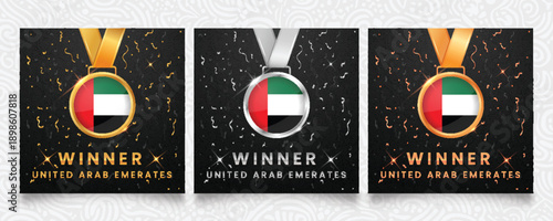 United Arab Emirates winner set featuring gold, silver and bronze medals with the national flag design, displayed on a dark background with festive confetti, sparkles, and elegant patterns