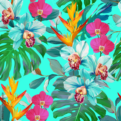 Seamless tropical pattern with flowers, plants. Paradise background, Hawaiian pattern.