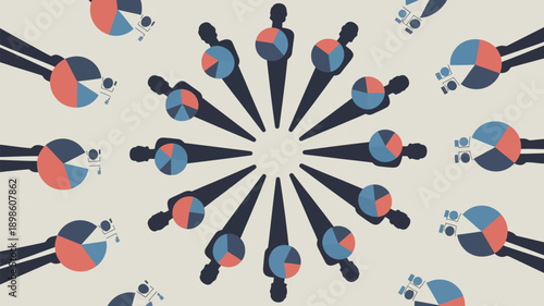 Diverse group of people analyzing data with pie charts in modern setting