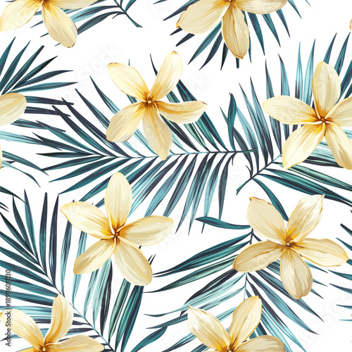 Seamless tropical pattern with flowers, plants. Paradise background, Hawaiian pattern.