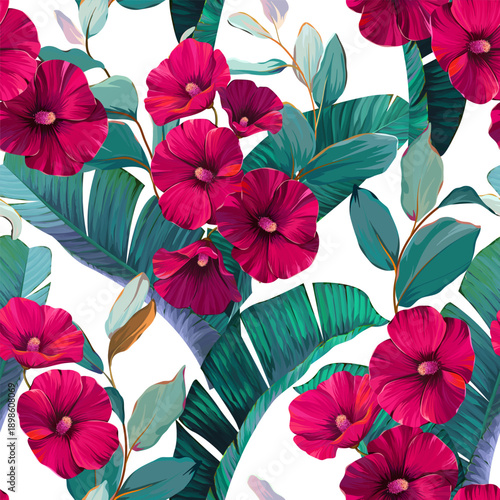 Seamless tropical pattern with flowers, plants. Paradise background, Hawaiian pattern.