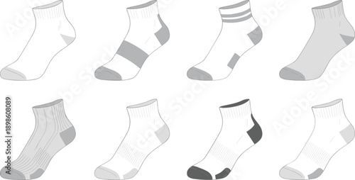 Ankle socks vector illustration set, assorted sport cotton socks designs, casual athletic footwear apparel icons isolated on white background collection