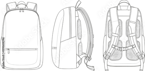 Backpack technical drawing vector illustration, front side back view travel bag design, adjustable straps storage compartments outline fashion accessory