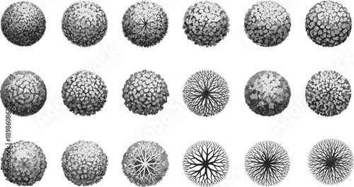 "Abstract grid of spherical structures with organic and geometric patterns, scientific visualization for biology, data, generative art, and design"