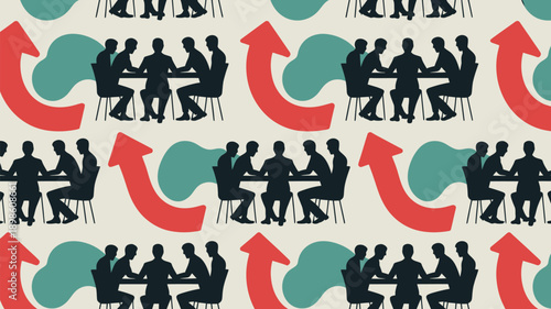 Business professionals collaborating in modern office settings with growth symbols