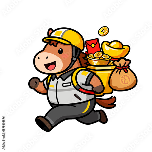 [Vector EPS]Cartoon horse character running carrying gold ingots and money bags