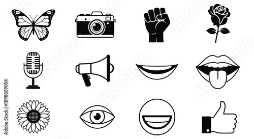 Black icons of various objects and symbols on white background