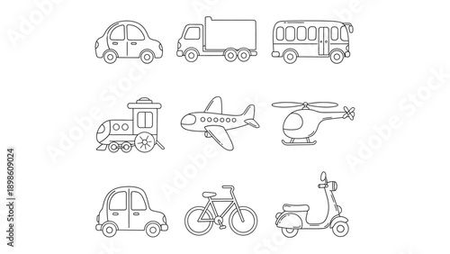 Transportation Lineup: A collection of various transportation mode line drawings, from a classic car to a modern airplane and a bicycle, suitable for travel or transportation concepts.