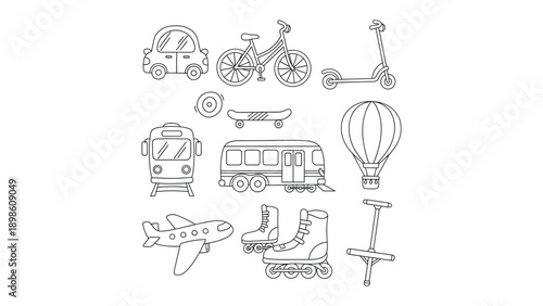 Vehicles Array: A collection of various vehicles, including a car, bicycle, scooter, skateboard, tram, bus, hot air balloon, airplane, roller skate, and pogo stick.