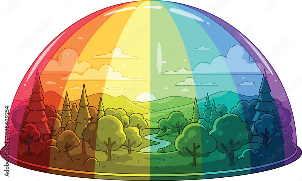 Fototapeta premium Vibrant rainbow-colored dome encapsulating a peaceful landscape with trees, hills, and a winding river, symbolizing harmony and diversity.