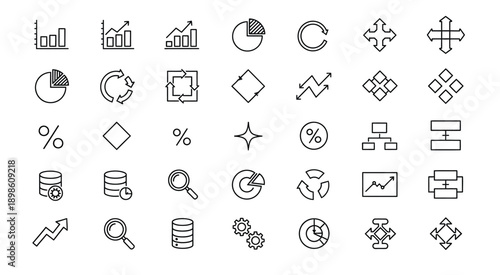 Business Analytics and Data Visualization Icons Set, Black Outline Finance Symbols