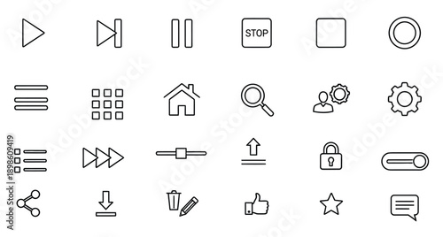 User Interface Line Icons Set, Media Controls and UI Elements Outline Symbols