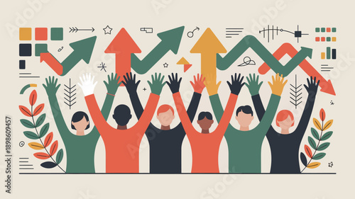 Diverse group of people celebrating success with rising arrows