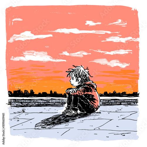 Melancholic Youth Watching Sunset Alone