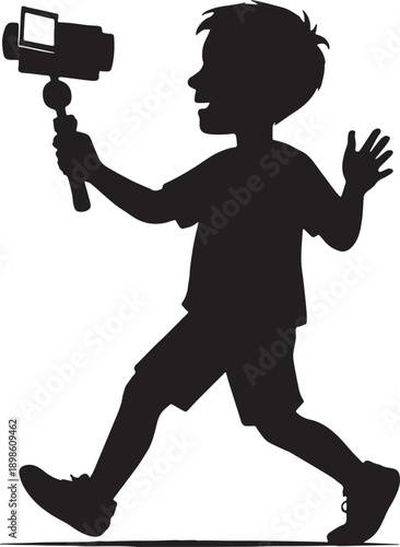 A Boy Walk Alone And Start Vlogging In Camera in black and white silhouette with transparent background 