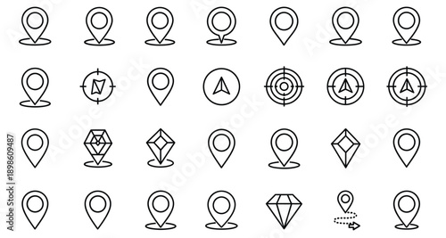 Map Pin and Location Icons Set, Black Outline Navigation and GPS Symbols