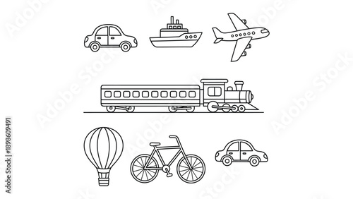 Transportation Variety: A collection of various transportation modes are carefully arranged, from automobiles to aeroplanes. This illustration showcases all forms of transport