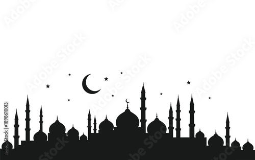 Minimalist mosque silhouette with crescent moon