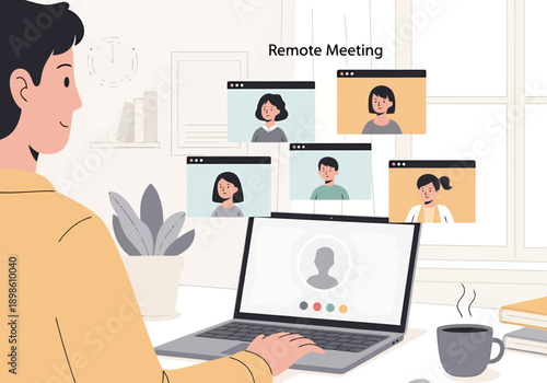 Man participates in a remote meeting via laptop with multiple participants visible on screen connecting from home office setups