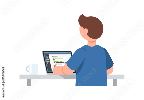 Developer Working On Laptop Computer Coding Software Program On Screen Table With Mug At Desk