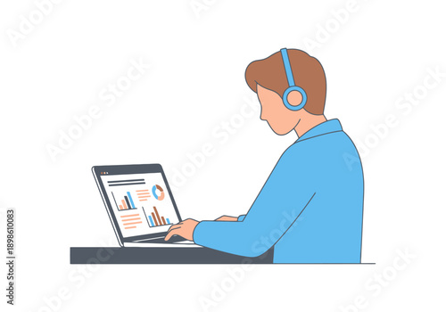 Person Wearing Headphones Using Laptop Displaying Financial Charts and Graphs