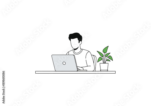 Person working on a laptop computer at a desk with a potted plant creating a focused and modern workspace setting for productivity and remote work