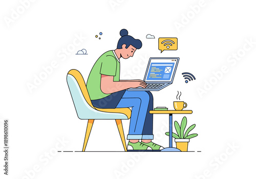 Young Adult Working Remotely Using Laptop Computer While Sitting In Cafe With Coffee And Plant On Table